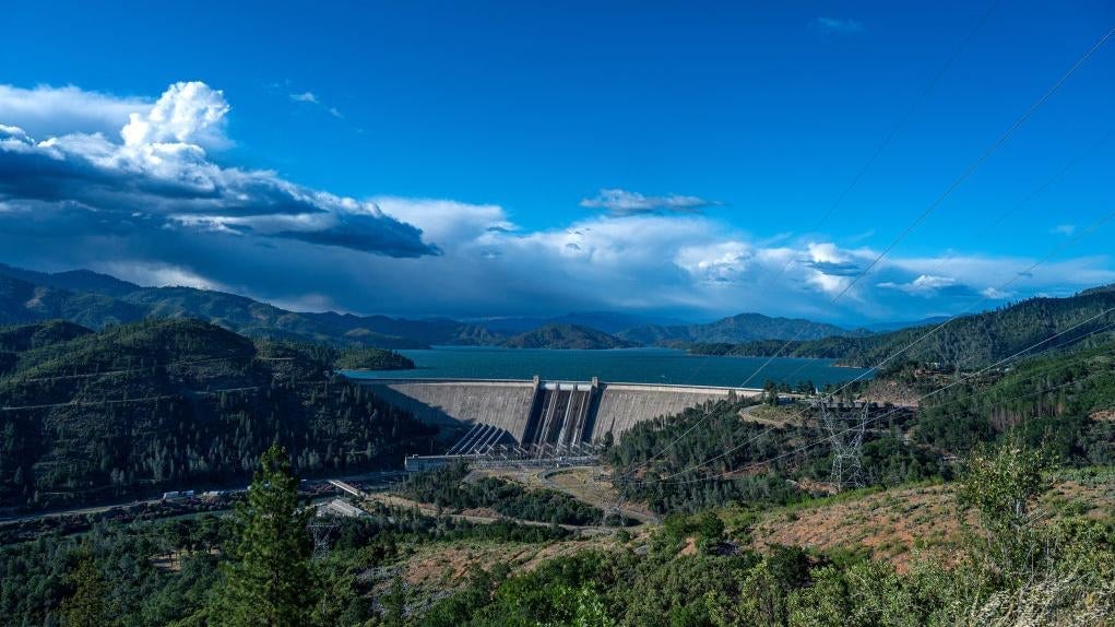 Shasta Dam on Shasta Lake in Shasta-Trinity National Forest near Shasta Lake, California, US, on Monday, June 19, 2023.