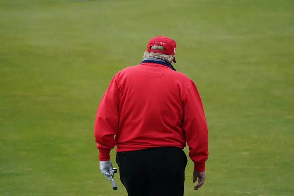 Former US president Donald Trump playing golf at his Trump Turnberry course in South Ayrshire during his visit to the UK. Picture date: Wednesday May 3, 2023. (Photo by Andrew Milligan/PA Images via Getty Images)Andrew Milligan - PA Images&sol;Getty Images