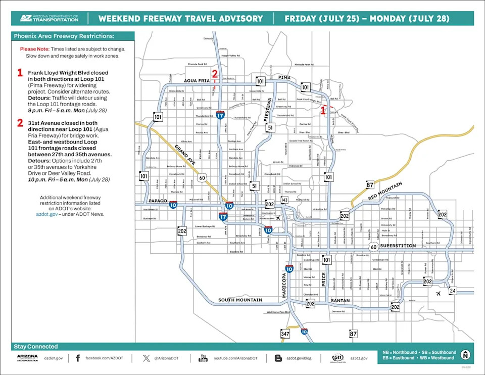 Metro Phoenix weekend freeway travel advisory July 25-28