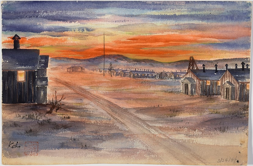 In this untitled 1944 watercolor painting, Koho Yamamoto shows an internment camp where...
