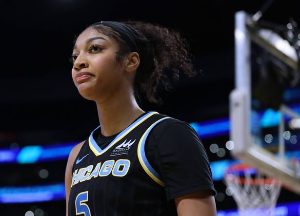 Angel Reese #5 of the Chicago Sky reacts after her basket and Los Angeles Sparks foul during a 92-85 win over the Sparks at Crypto.com Arena on June 29, 2025 in Los Angeles, California