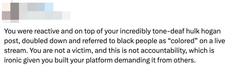 Tweet criticizing someone for being reactive, using offensive language, and lacking accountability despite advocating for it