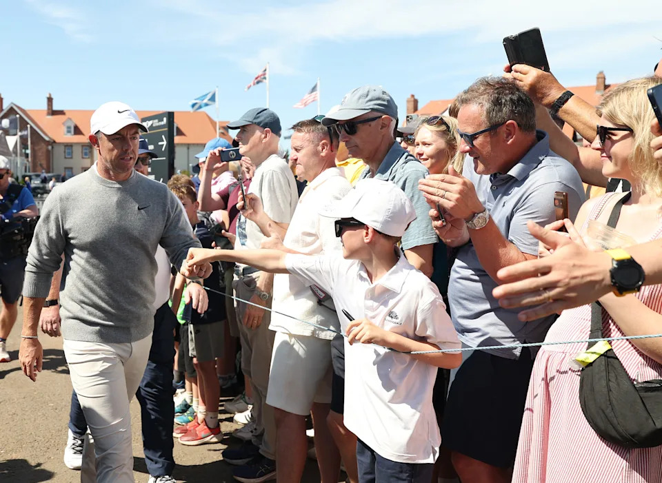 Rory McIlroy of Northern Ireland makes his way to the first tee on day three of the Genesis Scottish Open 2025 at The Renaissance Club on July 12, 2025 in North Berwick, Scotland.