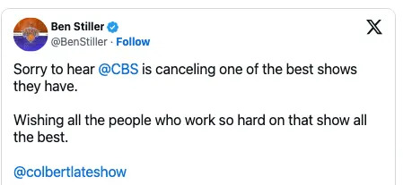 Ben Stiller tweets disappointment over CBS canceling a show, wishing the staff well