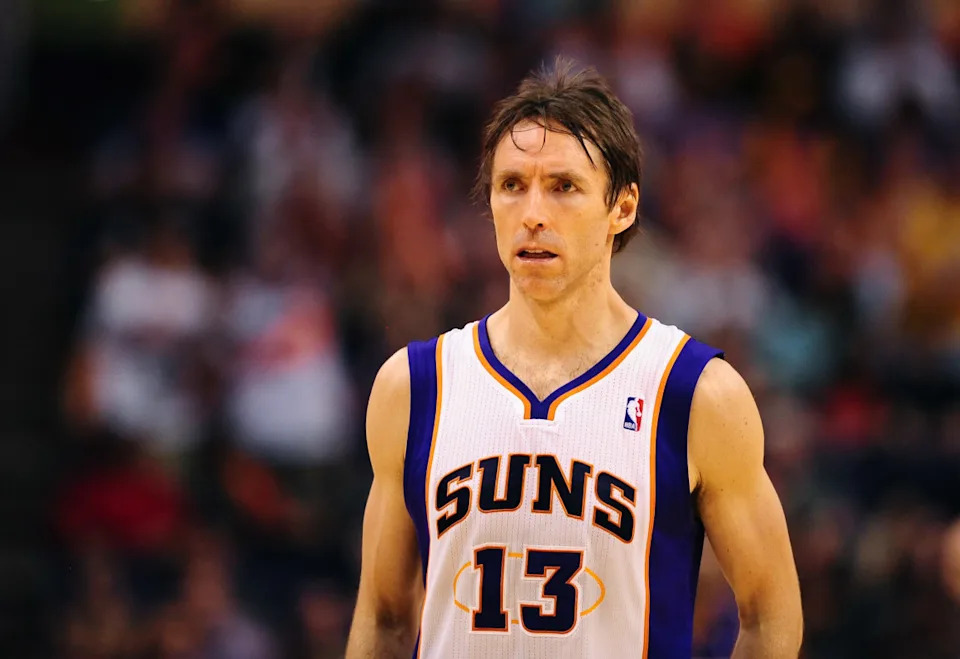 Apr. 7, 2012; Phoenix, AZ, USA; Phoenix Suns guard Steve Nash during the game against the Los Angeles Lakers at the US Airways Center. The Suns defeated the Lakers 125-105.© Mark J&period; Rebilas-Imagn Images