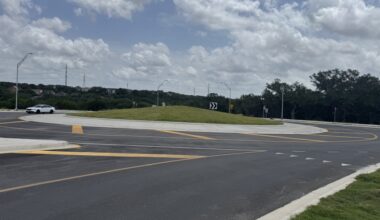 The Sonterra Road Extension project added a roundabout at the intersection of Sonterra Boulevard and Gold Canyon Road. (Parks Kugle/Community Impact)