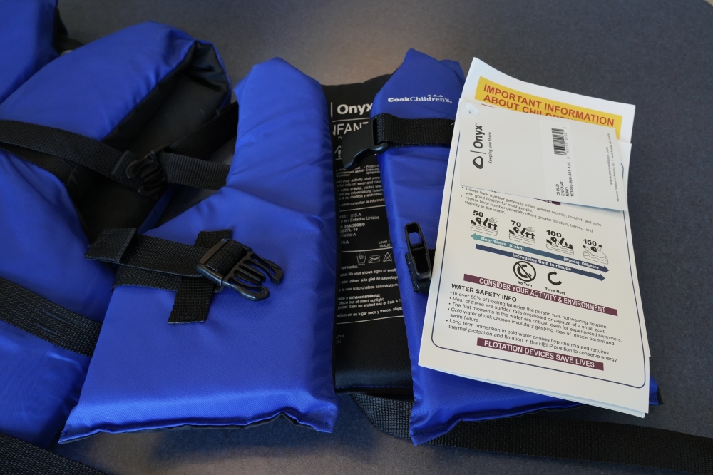 A life jacket supplied by the Loaner Life Jacket Stations that Cook's Children supports.