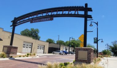 Signage of Old Town Keller at the entrance of Bates Street.