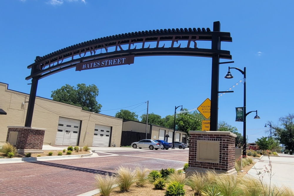 Signage of Old Town Keller at the entrance of Bates Street.