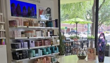 Shelves of products at a hair salon