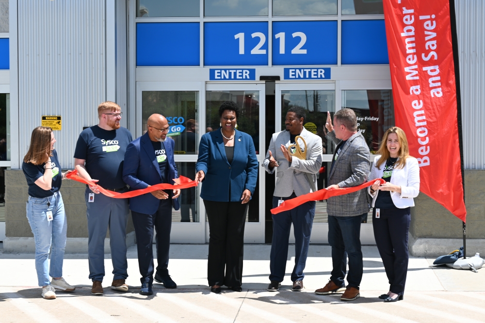 Houston Council member Martha Castex-Tatum and Lindsay Hirsch, Sysco’s head of growth strategy, planning and design, spoke at the opening before the ribbon cutting. (Roo Moody/Community Impact)