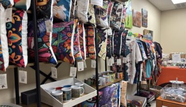 A shelf full of colorful pillows surrounded by an assortment of jewelry and other goods.