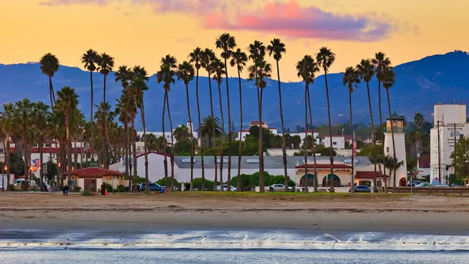View of Santa Barbara, California from the pier during evening time for real estate, travel and more.
