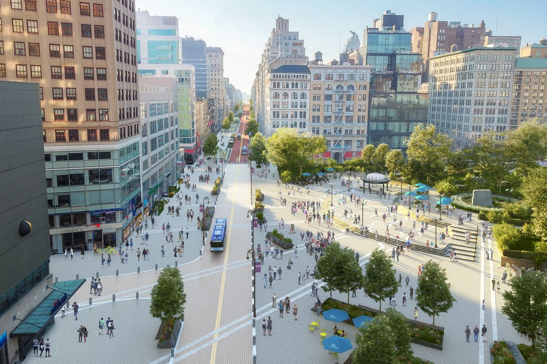 The potential 14th Street of the future, as seen in a rendering from the Union Square Partnership's 2021 vision plan.