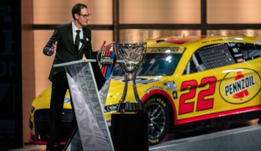 Denny Hamlin answers questions from reporters during Media Day at Daytona International Speedway, Wednesday, Feb. 12, 2025.
