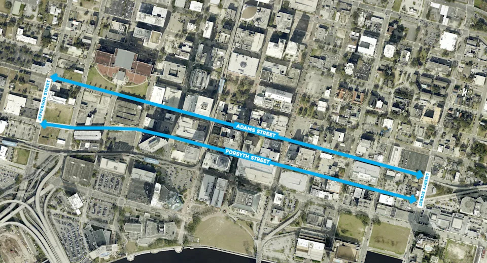 Map of traffic changes on Adams Street and Forsyth Street