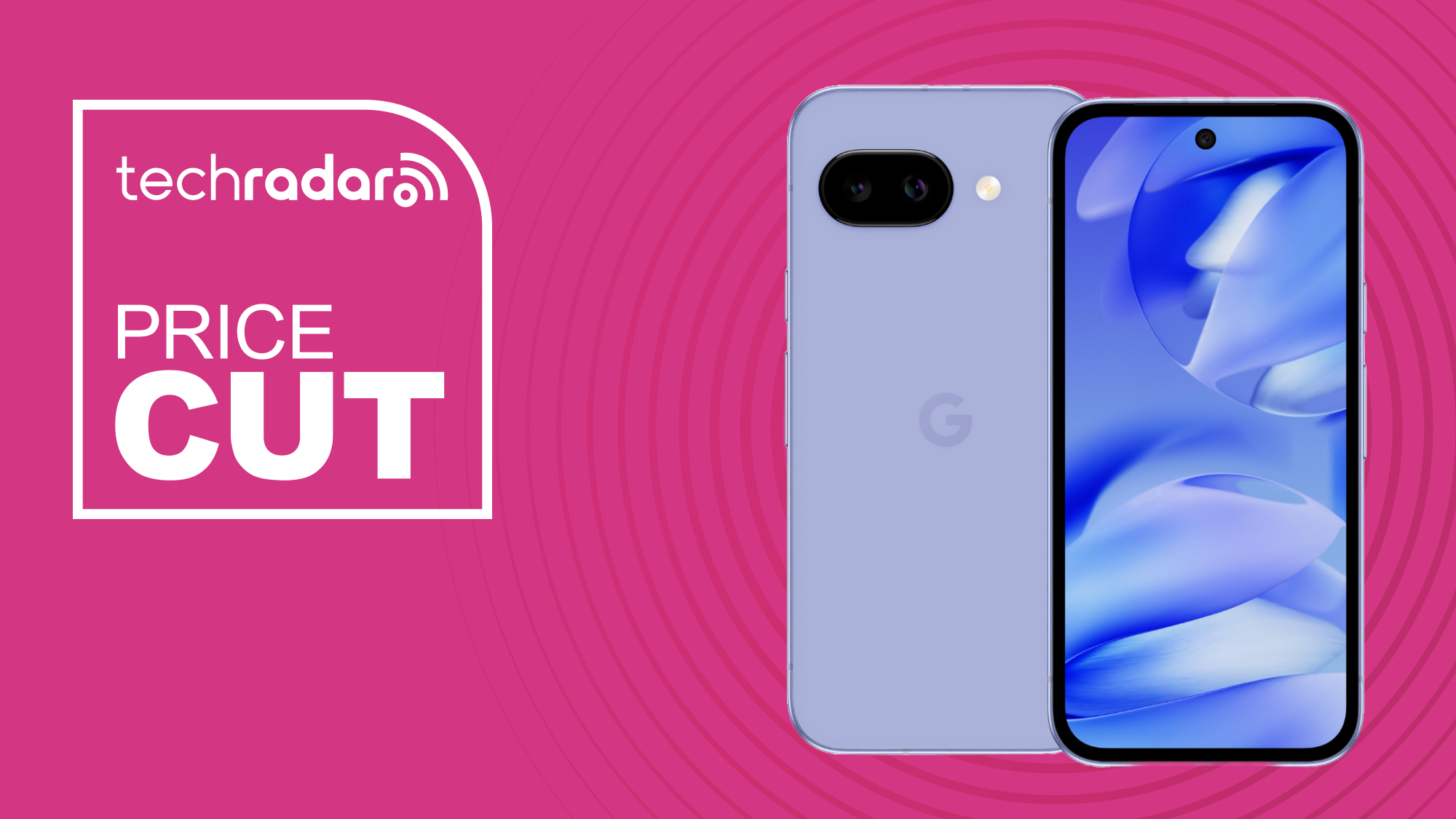The Google Pixel 9a on a pink background. Text reads: Price Cut