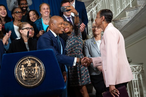 Mayor Eric Adams and New York City Council Speaker Adrienne Adams shake hands to announce an agreement to build on the Fiscal Year (FY) 2026 Executive Budget often called the "Best Budget Ever." City Hall. Friday, June 27, 2025. (Ed Reed/Mayoral Photography Office)