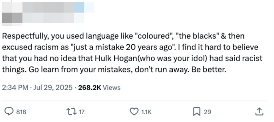 Tweet criticizing someone for using racist language and excusing past racist comments; urges learning and improvement