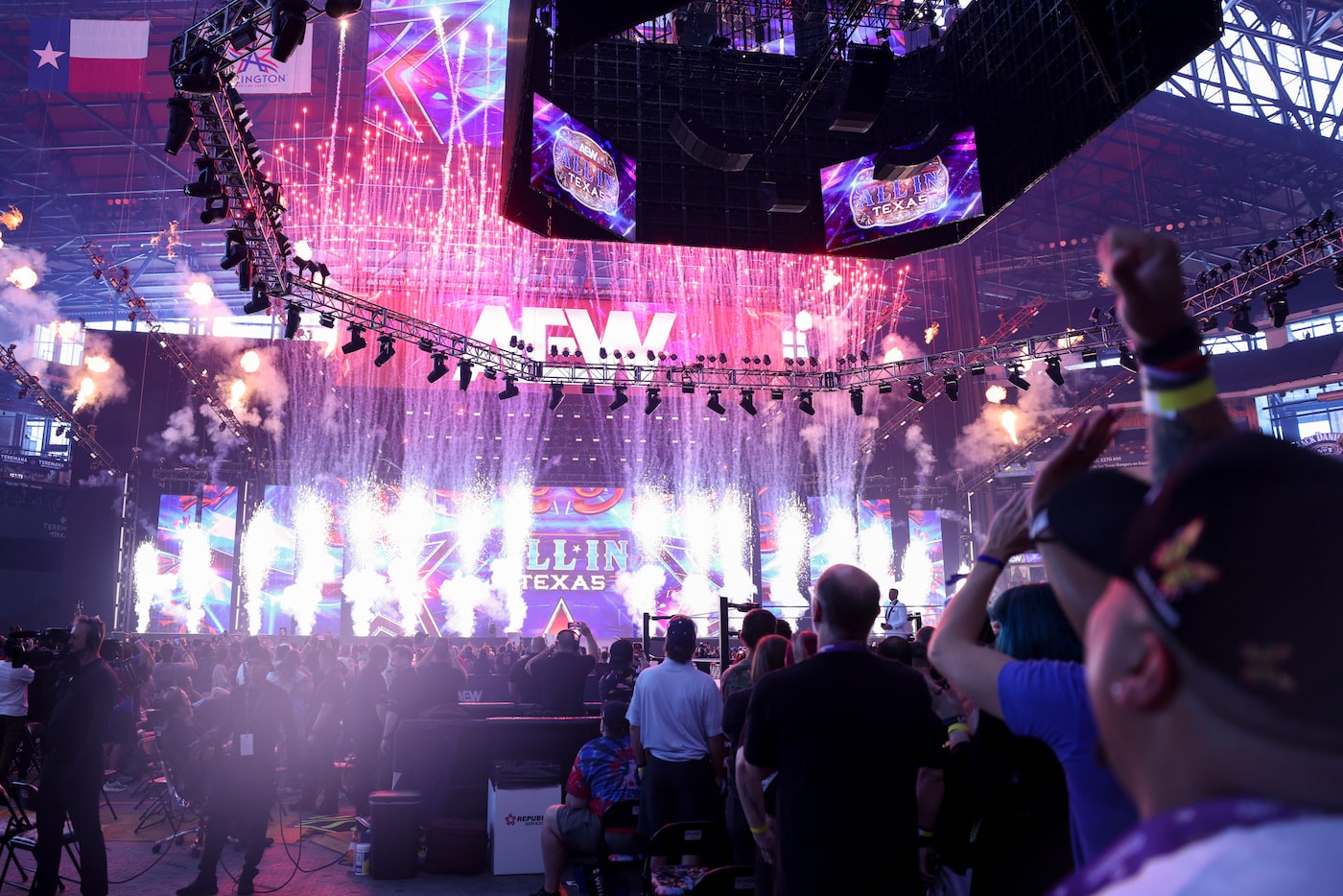 The crowd cheers during official start of the live broadcast of AEW: All In Texas...