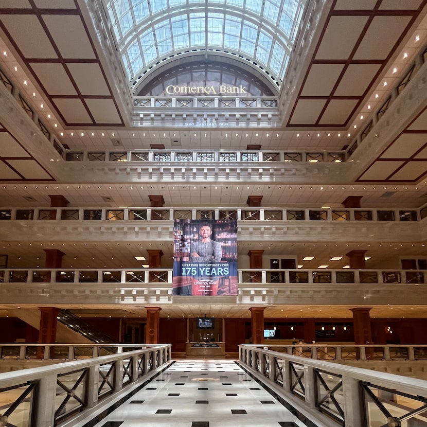 View of the banking hall in Philip Johnson's Comerica Tower.