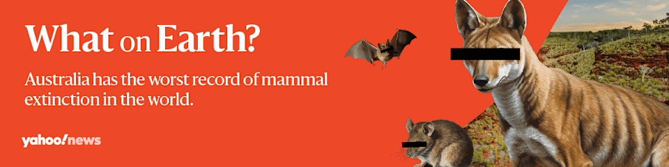 Reads 'What on Earth? Australia has the worst record of mammal extinction in the world.' with a collage of Australian animals and landscape.  