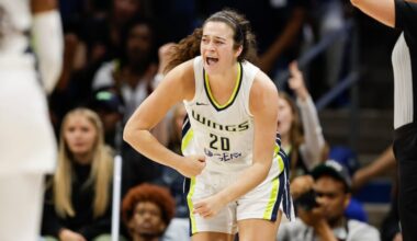 Dallas Wings forward Maddy Siegrist celebrates after a three-pointer against the Chicago Sky on May 15.
