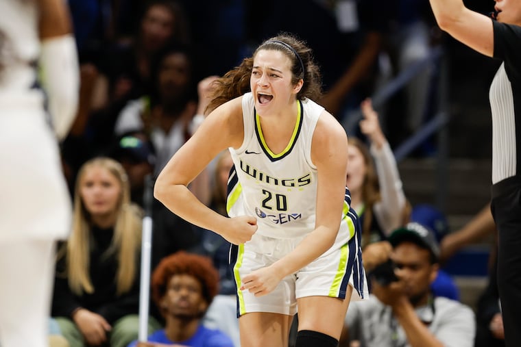 Dallas Wings forward Maddy Siegrist celebrates after a three-pointer against the Chicago Sky on May 15.