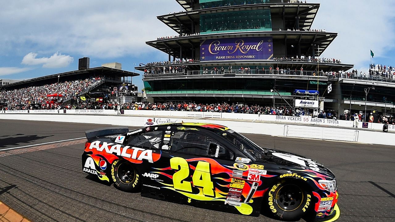 NASCAR driver Dale Earnhardt Sr and Dale Earnhardt Jr in victory lane after Earnhardt Sr. won the IROC race at Daytona International Speedway.