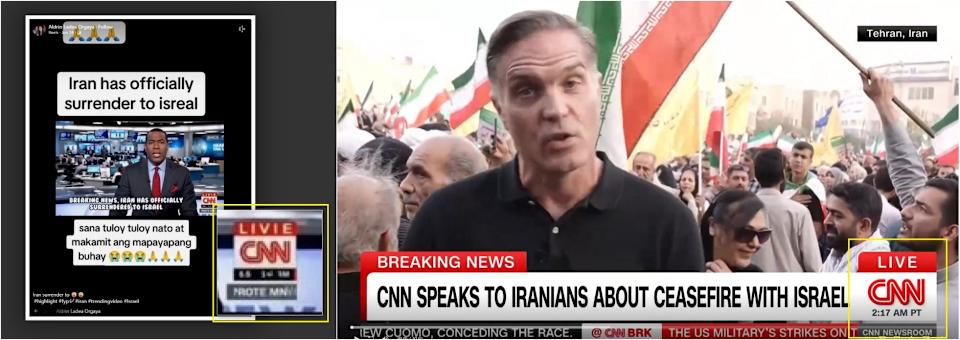 <span>Screenshot comparison of the false post, with the chyron zoomed in using Forensically (L) and a June 25 CNN TV report on a protest in Iran</span>
