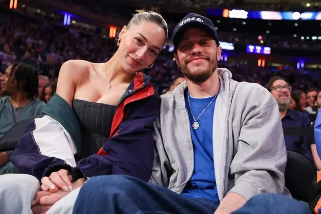 Elsie Hewitt and Pete Davidson watching the Boston Celtics take on the New York Knicks at Madison Square Garden in May 2025. - Credit: Al Bello/Getty Images