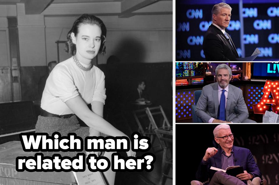 Vintage photo of a woman sitting; modern-day men in TV studio and news settings. Text: "Which man is related to her?"