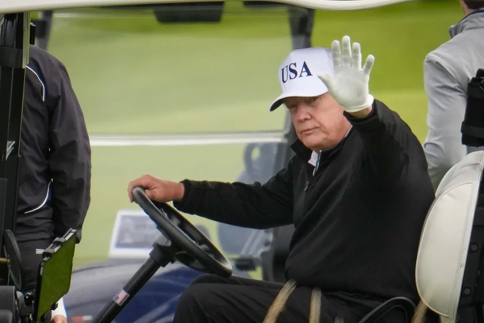 TURNBERRY, SCOTLAND - JULY 26: U.S. President Donald Trump plays golf at Trump Turnberry golf course on July 26, 2025 in Turnberry, Scotland. U.S. President Donald Trump is visiting his Trump Turnberry golf course, as well as Trump International Golf Links in Aberdeenshire, during a brief visit to Scotland from July 26 to 29. (Photo by Christopher Furlong/Getty Images)Christopher Furlong&sol;Getty Images