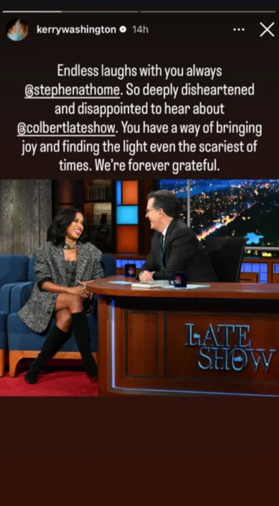 Kerry Washington on a talk show set, sitting with host. She is wearing a stylish outfit. Caption reflects gratitude and concern over show news