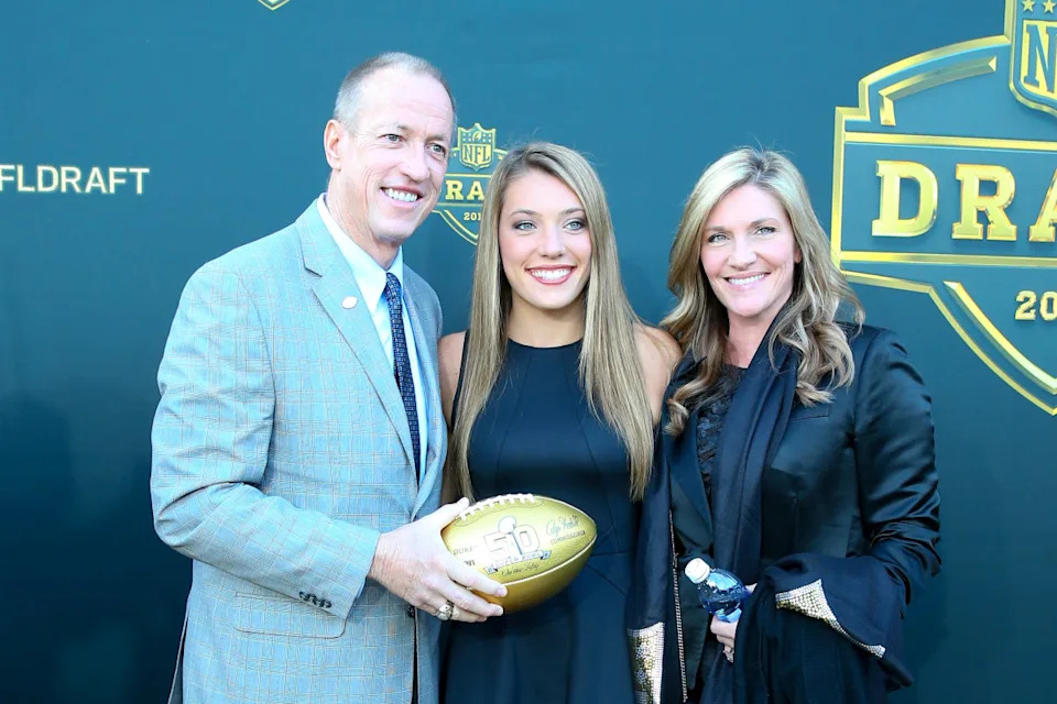 30 APR 2015: NFL Hall of Famer and Buffalo Bill Quarterback Jim Kelly and his wife Jill and daughter Erin carries a Gold Football on the Gold Carpet at the 2015 National Football League Draft. The 2015 National Football League Draft was held at the Auditorium Theatre in Chicago IL. (Photo by Rich Graessle/Icon Sportswire/Corbis/Icon Sportswire via Getty Images)Icon Sports Wire&sol;Getty Images