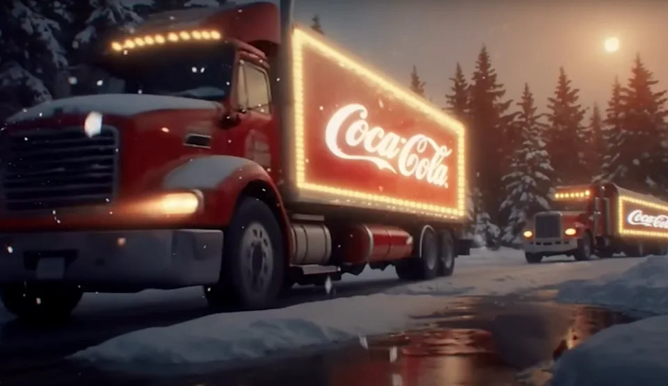 Trucks with "Coca-Cola" logos and festive lights drive through a snowy forest setting, evoking a holiday season atmosphere