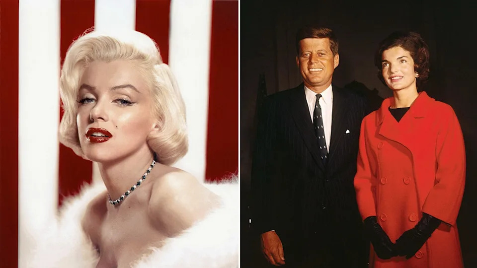 A split side-by-side image of Marilyn Monroe in white and John F. Kennedy and Jackie Kennedy smiling
