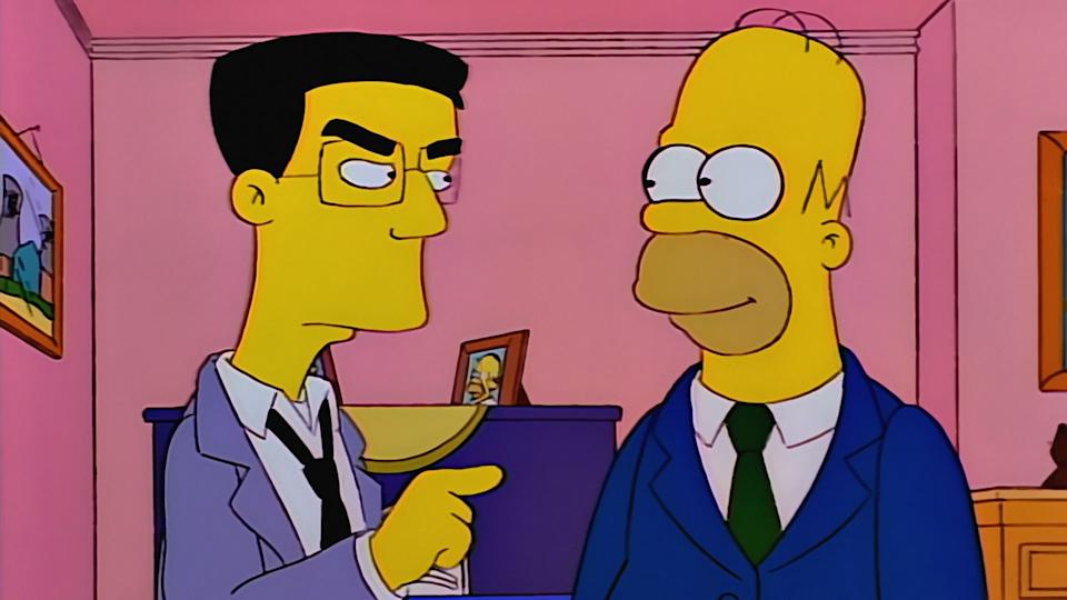Animated characters in suits engage in a conversation indoors
