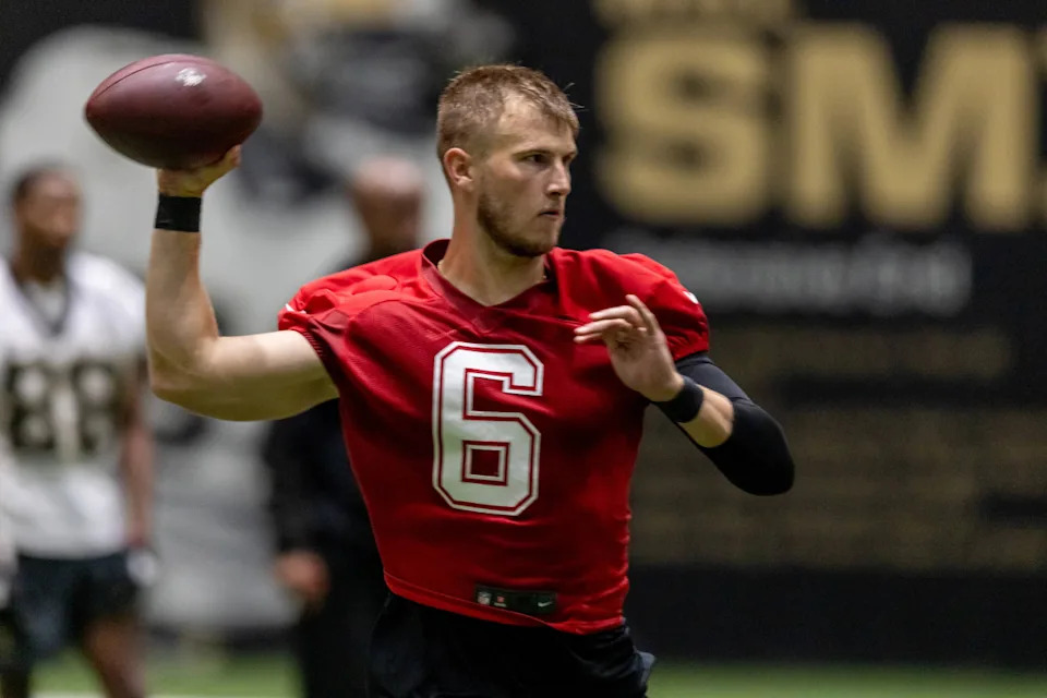 May 10, 2025; New Orleans, LA, USA; New Orleans Saints quarterback Tyler Shough (6) during rookie minicamp at Ochsner Sports Performance Center. Mandatory Credit: Stephen Lew-Imagn ImagesStephen Lew-Imagn Images&period;