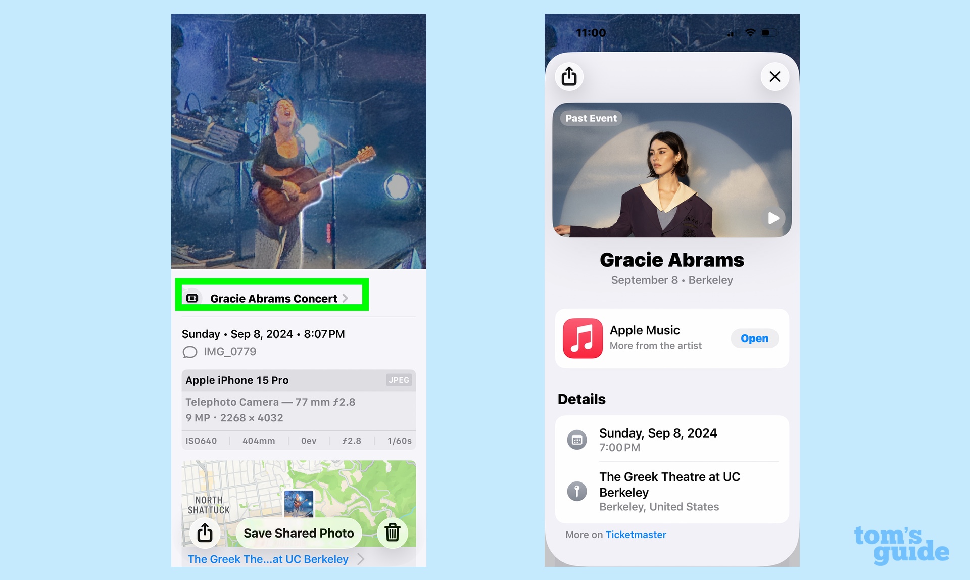 event information for a Gracie Abrams concert appearing in the iOS 26 photos app