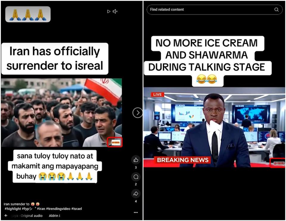 <span>Screenshot comparison of the falsely shared clip (L) and the Ai VIDEOS TikTok post</span>