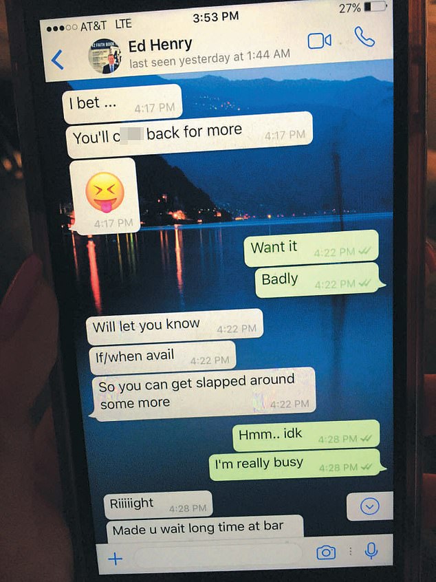 Text messages that Henry's lawyers said depicted their rough, consensual affair. In these texts, Henry asks Eckhart when she's available so she can get 'slapped around. In response, Eckhart coyly states 'Hmm.. idk', 'I'm really busy'