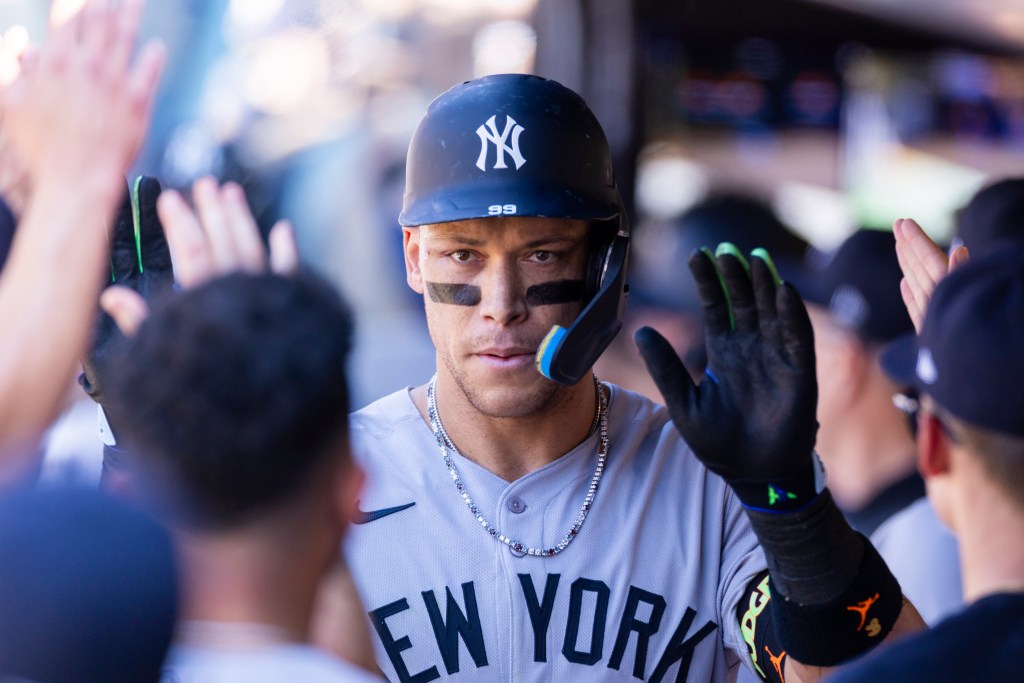 Aaron Judge celebrates during the Yankees-Mets game on July 6, 2025. 