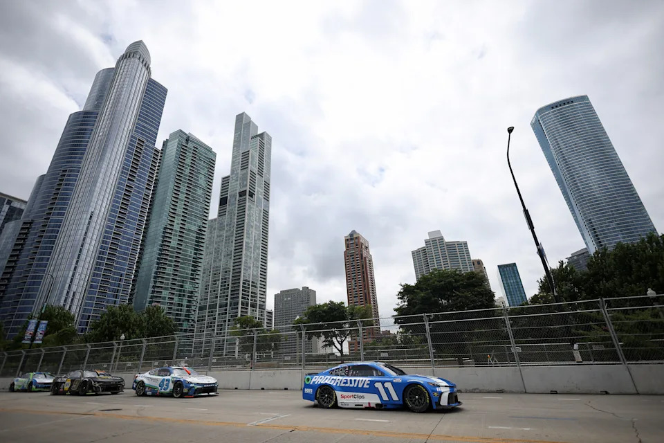CHICAGO, ILLINOIS - JULY 06: Denny Hamlin, driver of the #11 Progressive Toyota, drives during the NASCAR Cup Series Grant Park 165 at Chicago Street Course on July 06, 2025 in Chicago, Illinois. (Photo by James Gilbert/Getty Images)
