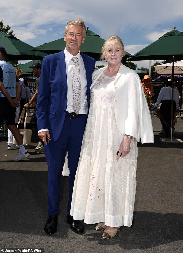 Sarah Lancashire joined her husband Peter Salmon for a rare public outing as they led the stars on day two of the Wimbledon Championships 2025 on Tuesday