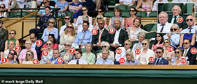 Today's Royal Box at Wimbledon featured actors, former sports stars, and even a touch of royalty 1. Lady Tamara van Custem 2. Rebel Wilson and wife Ramona Agruma 3.Vim Maru 4. Lady Rose Gilman 5. Cate Blanchett 6. Alexander Armstrong  7. June Blanchett 8. and 9. Twins Alexander and Oliver Kent-Braham 10. Peter Salmon 11. Deborah Jevans 12. Sarah Lancashire 13. Justin Rose 14. Britney Theriot 15. Kate Rose 16. Russell Crowe 17. Sir Jackie Stewart