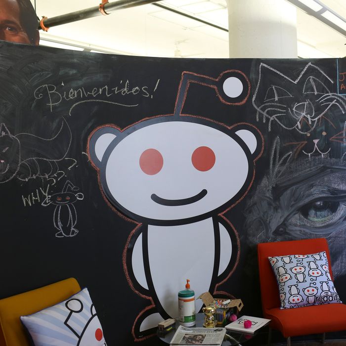 A Reddit mascot is shown at the company’s headquarters in San Francisco