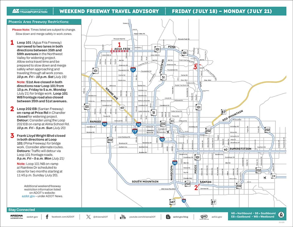 Metro Phoenix Weekend Freeway Travel Advisory July 18-21
