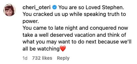 Cheri Oteri's comment praises Stephen for his impact and suggests he enjoy a well-deserved vacation while contemplating future endeavors