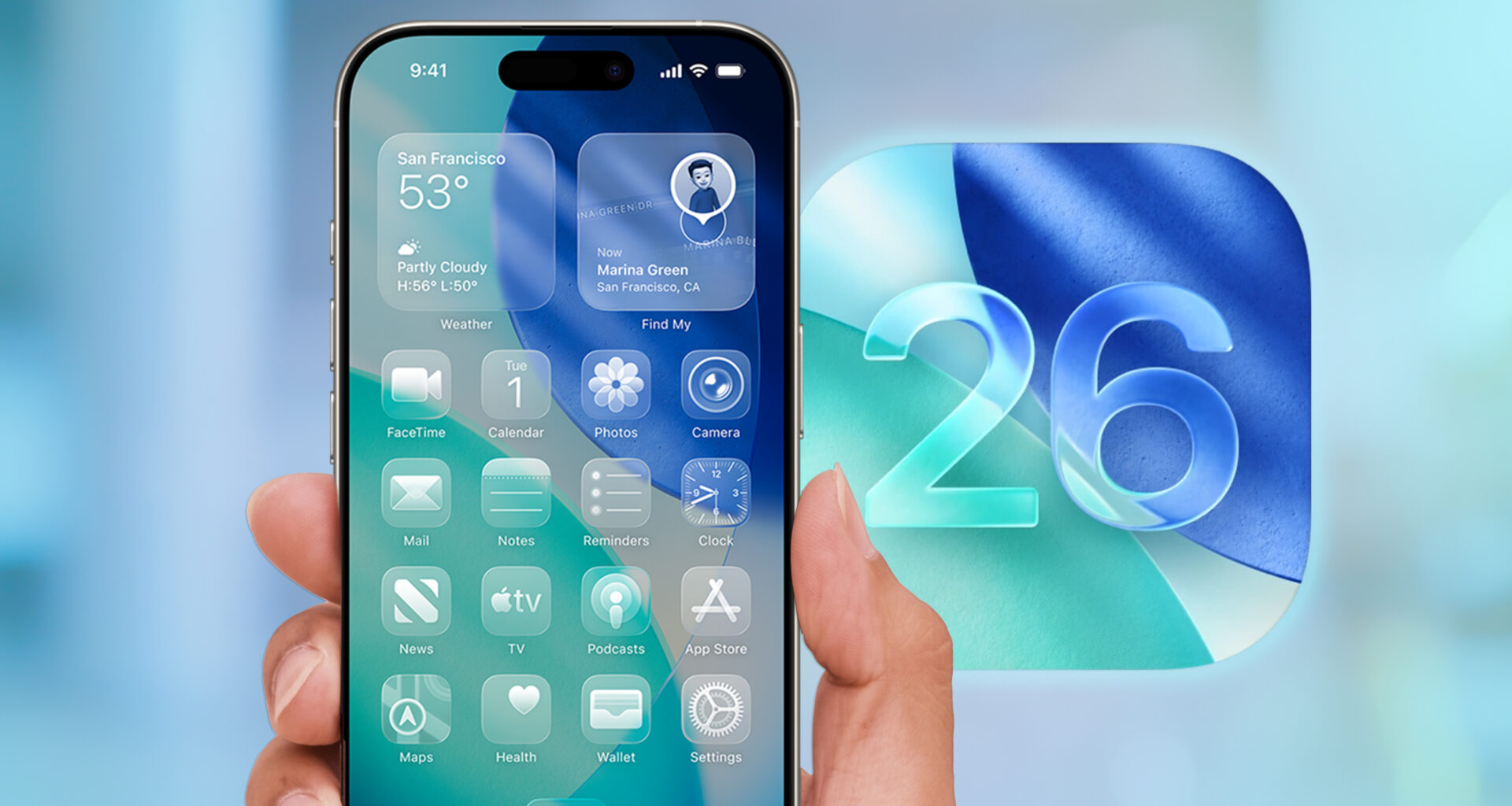 The iOS 26 interface on an iPhone with an iOS 26 logo off to the side
